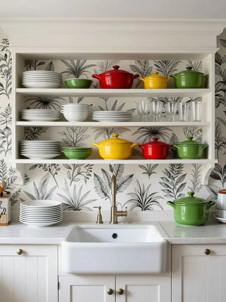 A charming farmhouse-inspired kitchen wall with open built-in shelving painted soft white, backed by bold black-and-white botanical wallpape.
