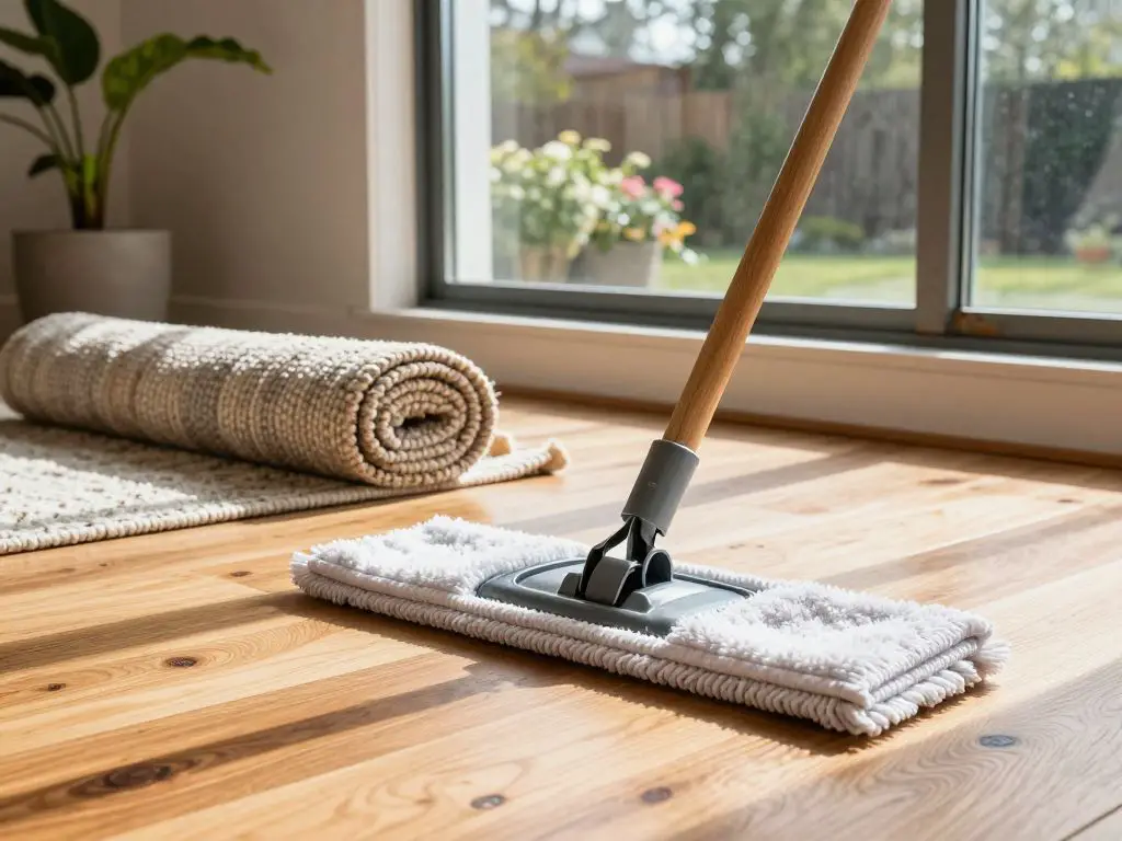 Photograph a sun-washed hardwood floor in the foreground, where a washable microfiber mop pad glides smoothly beneath a sturdy metal-and-oak.