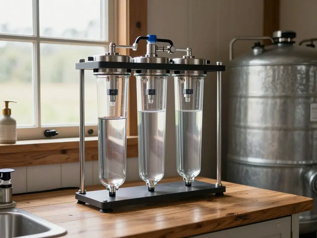 image of a modern water filtration system setup in a rustic off-grid home, clear glass filter housings showing multi-stage filtration, stain.