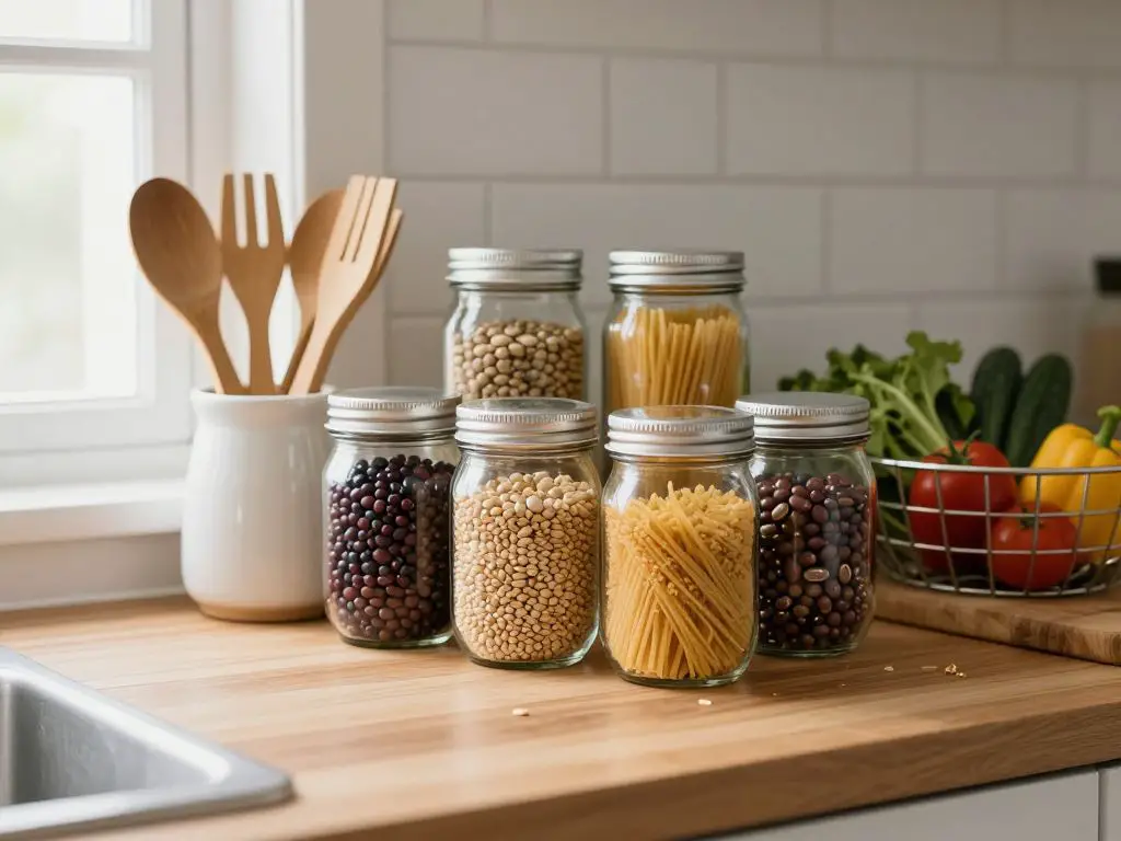 close-up interior shot of an organized low waste kitchen counter featuring glass mason jars filled with dried beans, grains, and pasta, bamb.