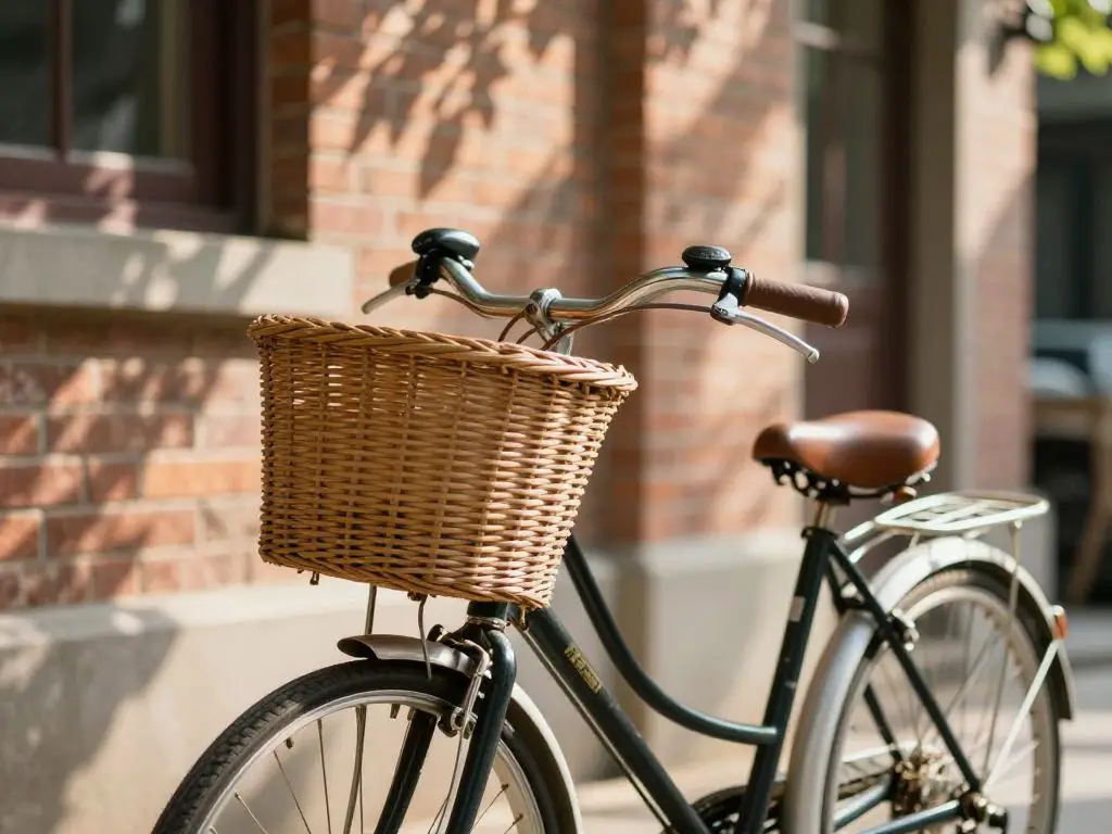 lifestyle image of a vintage bicycle with a woven basket attached to handlebars, parked against a charming brick building exterior, dappled.