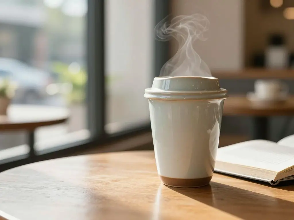 Lifestyle photography of ceramic reusable coffee cup with lid on café table beside open book, soft morning light through café window, blurre.
