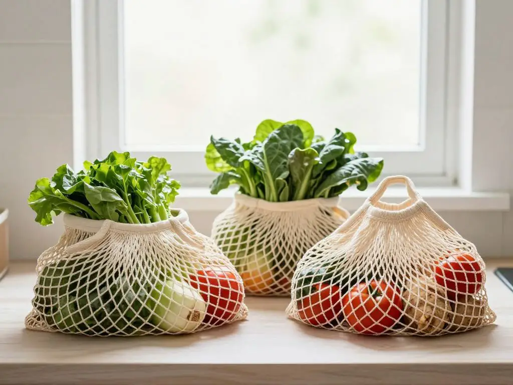Lifestyle photography of mesh reusable produce bags filled with fresh organic vegetables on kitchen counter, bags in natural cream color hol.