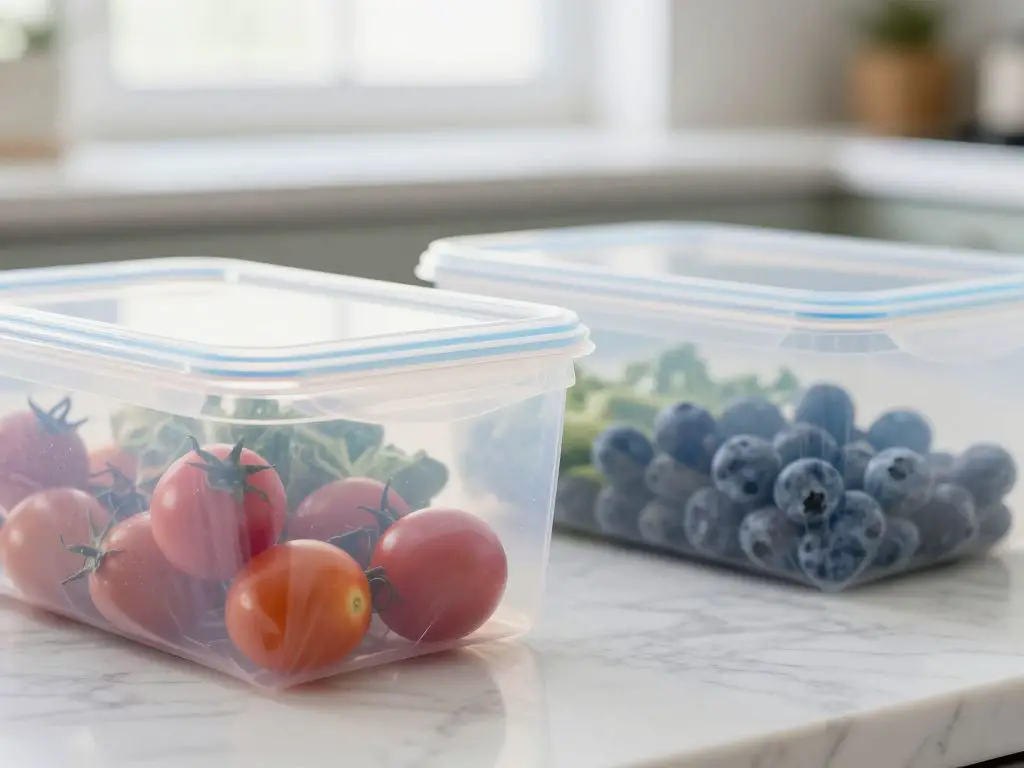 Close-up photography of transparent silicone food storage bags filled with fresh vegetables and berries on white marble countertop, bags sho.