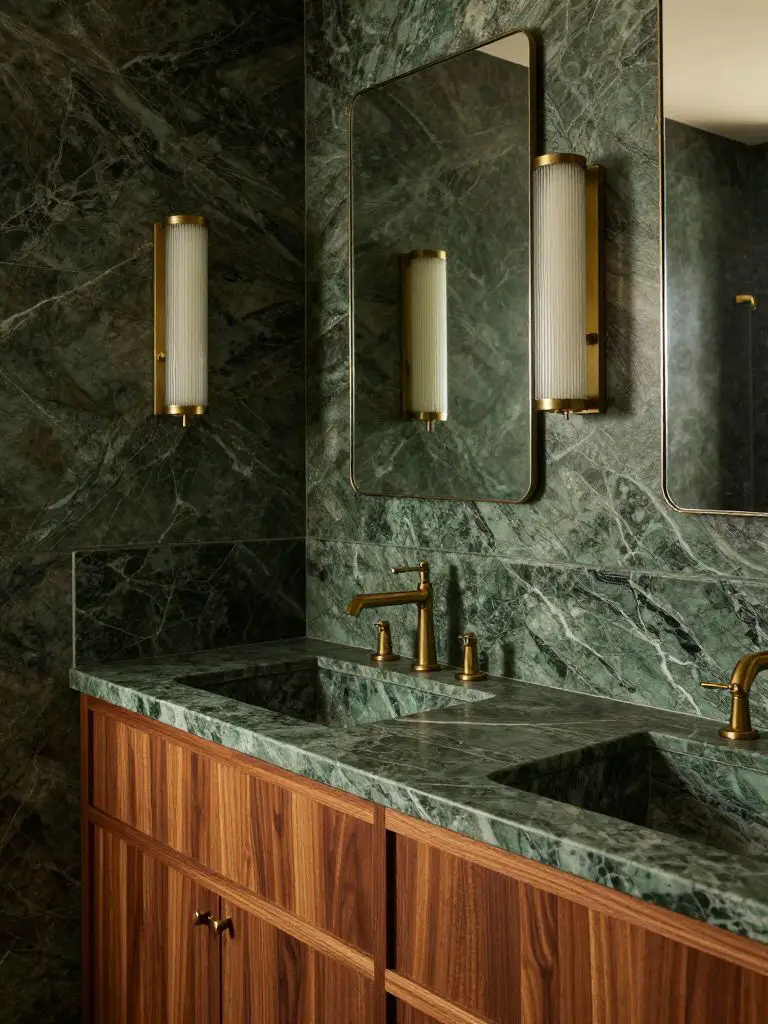 A rich green stone bathroom featuring a dramatic green marble backsplash and countertop paired with warm walnut cabinetry.