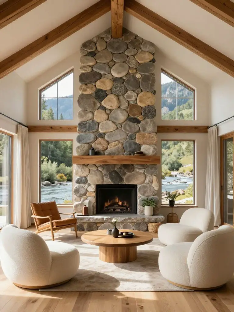 A light-filled mountain cottage great room dominated by a dramatic river rock fireplace stretching from floor to vaulted ceiling.