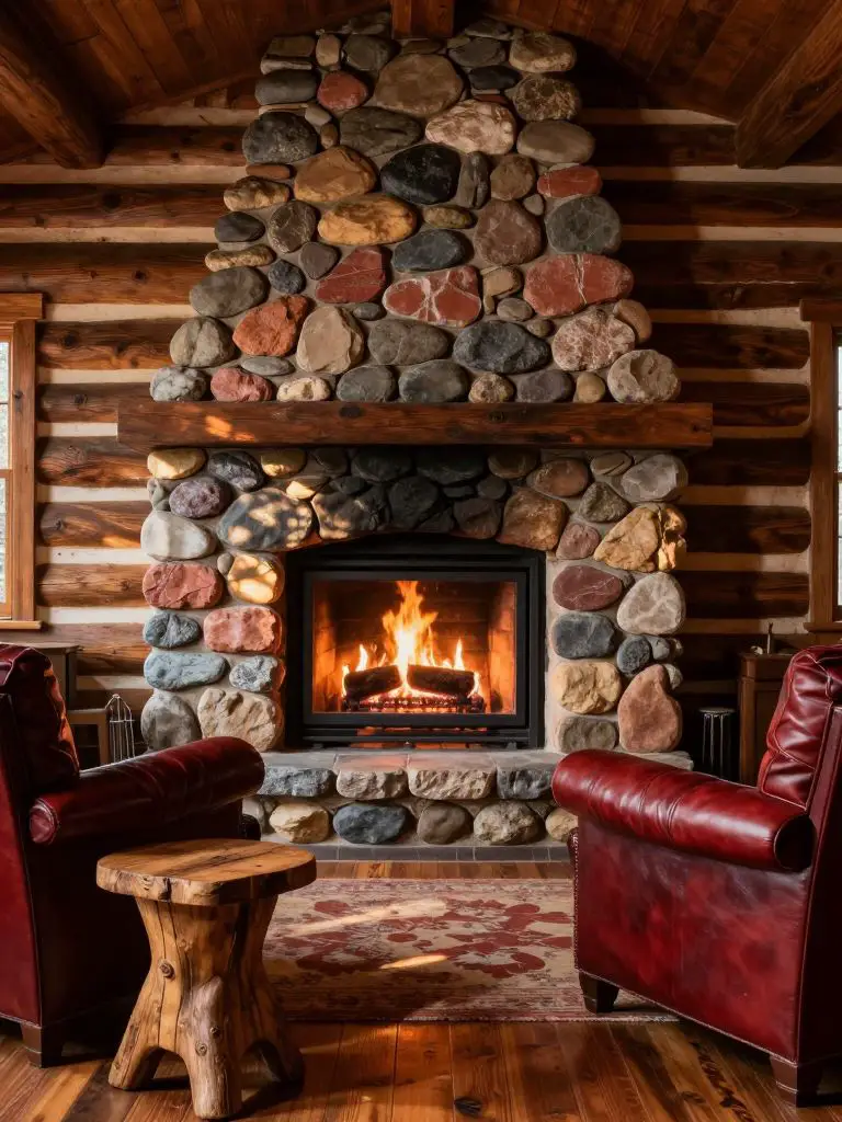 A classic log cabin interior featuring a rounded river rock fireplace centered against horizontal log walls.