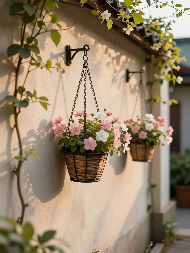 A romantic small garden wall styled in cottage-inspired Warm Minimalist design, featuring hanging flower baskets mounted along a stucco exte.