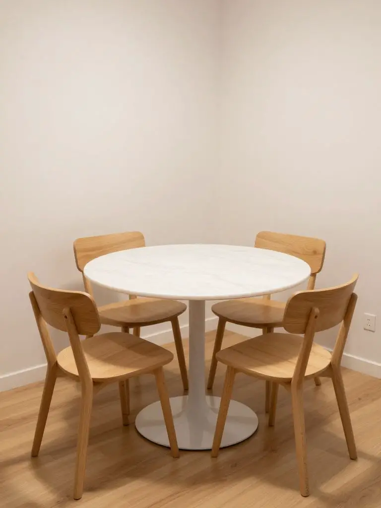 interior photography of small round pedestal dining table in white marble finish, three modern Scandinavian-style wooden chairs arranged aro.
