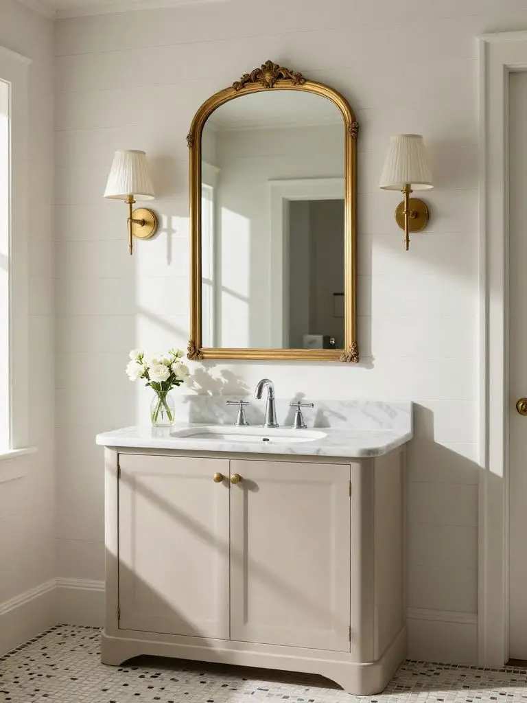 A rustic bathroom in Classic Farmhouse style centered around a marble-topped vanity with a soft beige skirted base.