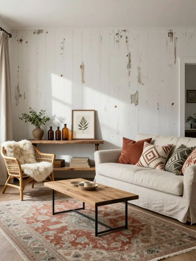 A rustic boho country living room featuring a distressed white paneled accent wall with visible chipping and aged texture.