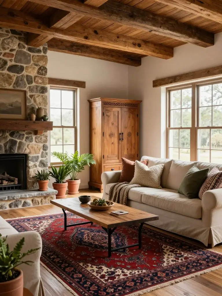 A rustic boho country living room featuring exposed wood ceiling beams and a stone fireplace along the left wall.