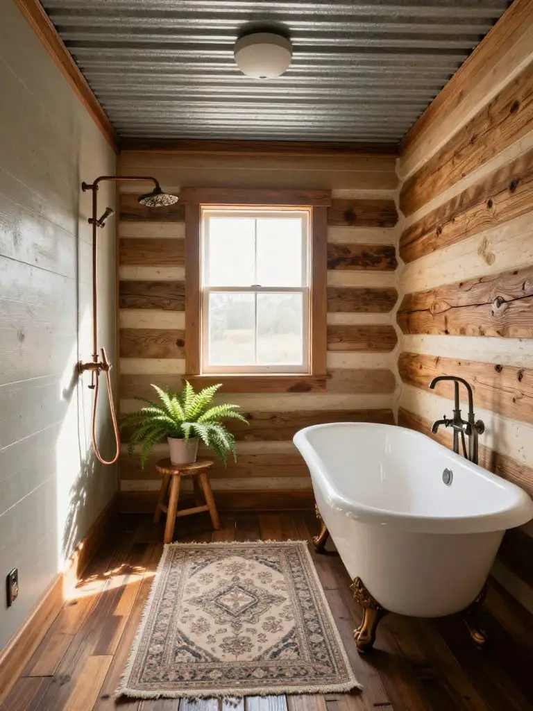 A rustic cabin bathroom styled with industrial farmhouse cabin decorating ideas.