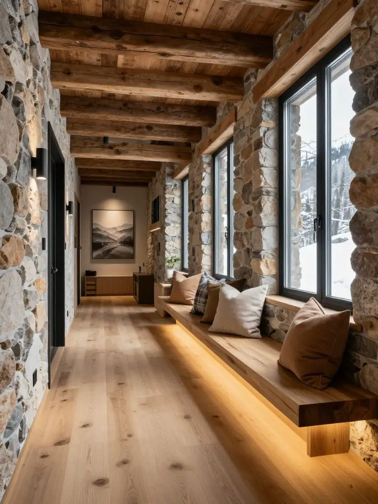 A rustic winter cabin decor hallway designed in modern mountain style, featuring exposed timber beams overhead and textured stone walls pair.