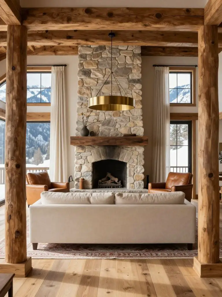 A rustic-chic mountain cottage living room framed by thick timber columns and a central stone fireplace, styled in Modern Rustic with Warm M.
