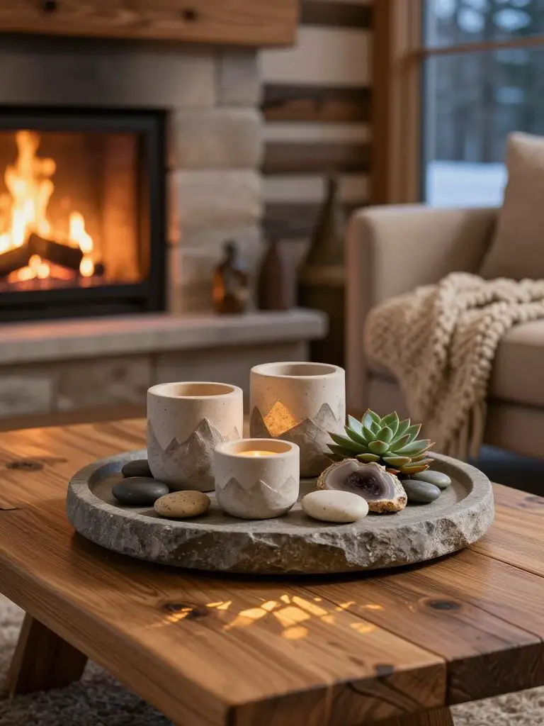 A rustic winter cabin decor coffee table styled in modern mountain elegance, positioned in front of a softly glowing fireplace.