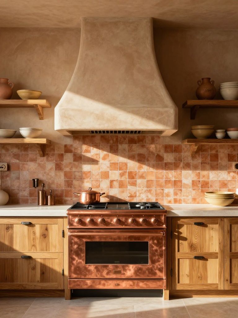 A Mediterranean-inspired earthy kitchen blending rustic copper accents with warm clay plaster walls.