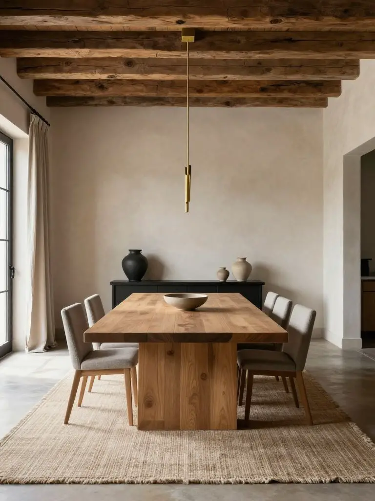 A rustic modern earthy dining room featuring exposed reclaimed wood ceiling beams and a solid oak dining table centered on a textured wool r.