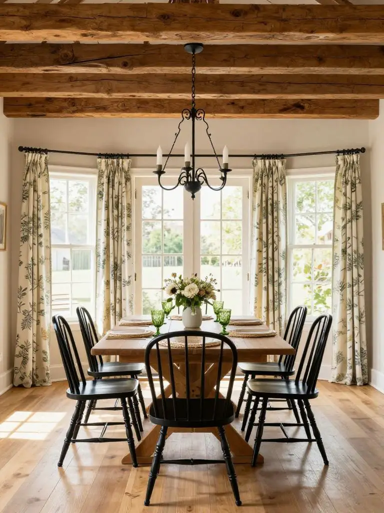 A rustic dining room in Traditional Farmhouse style featuring exposed reclaimed wood ceiling beams and a black wrought iron chandelier as ar.