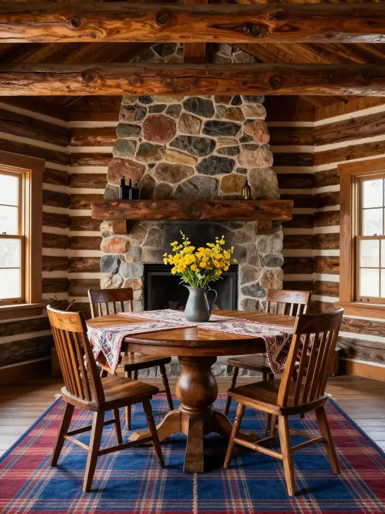 A rustic cabin dining room featuring log walls and exposed beams, styled with traditional lodge-inspired cabin decorating ideas.
