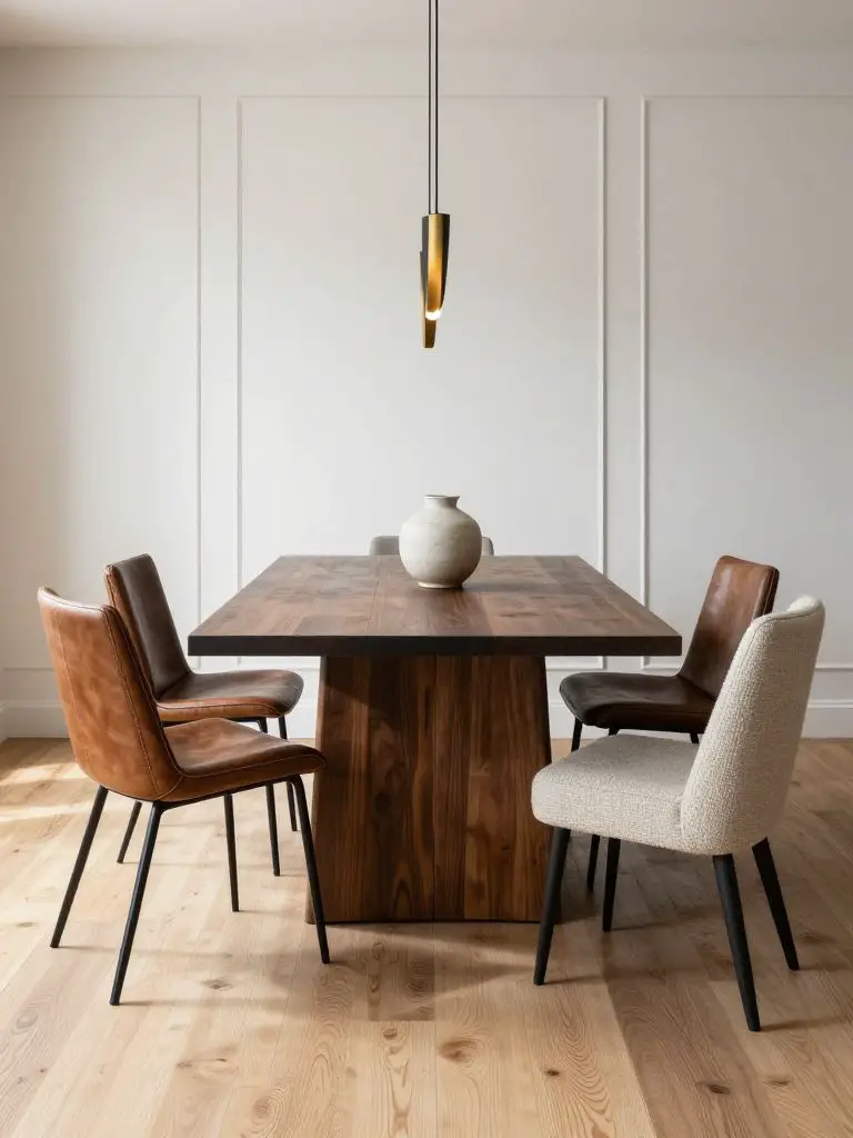 A modern rustic dining room with a solid dark wood rectangular table centered in frame, surrounded by mixed seating including leather-back c.