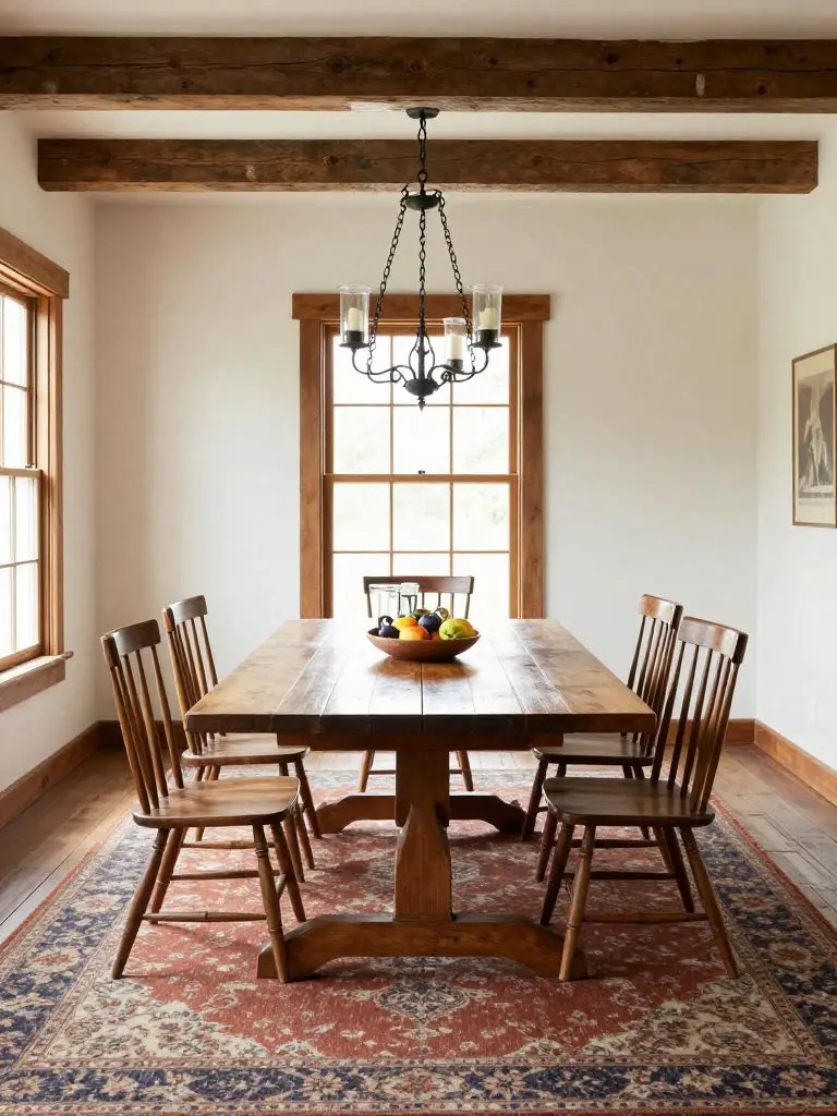 A rustic dining room in Traditional Farmhouse style featuring a long solid wood dining table as the focal centerpiece.