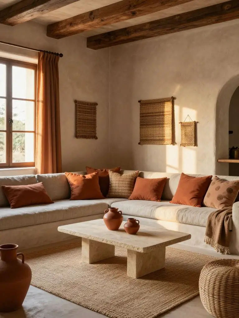 A rustic cozy earthy living room with warm terracotta and clay-toned pillows layered on a neutral linen sectional.