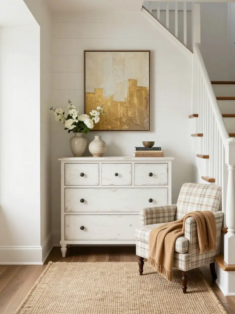 A rustic entry nook styled in Modern Farmhouse design featuring a distressed white vintage dresser as the focal piece.