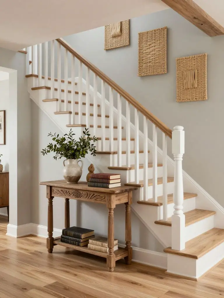 A rustic entryway staircase designed in Modern Rustic style with light oak stair treads and crisp white balusters creating contrast.