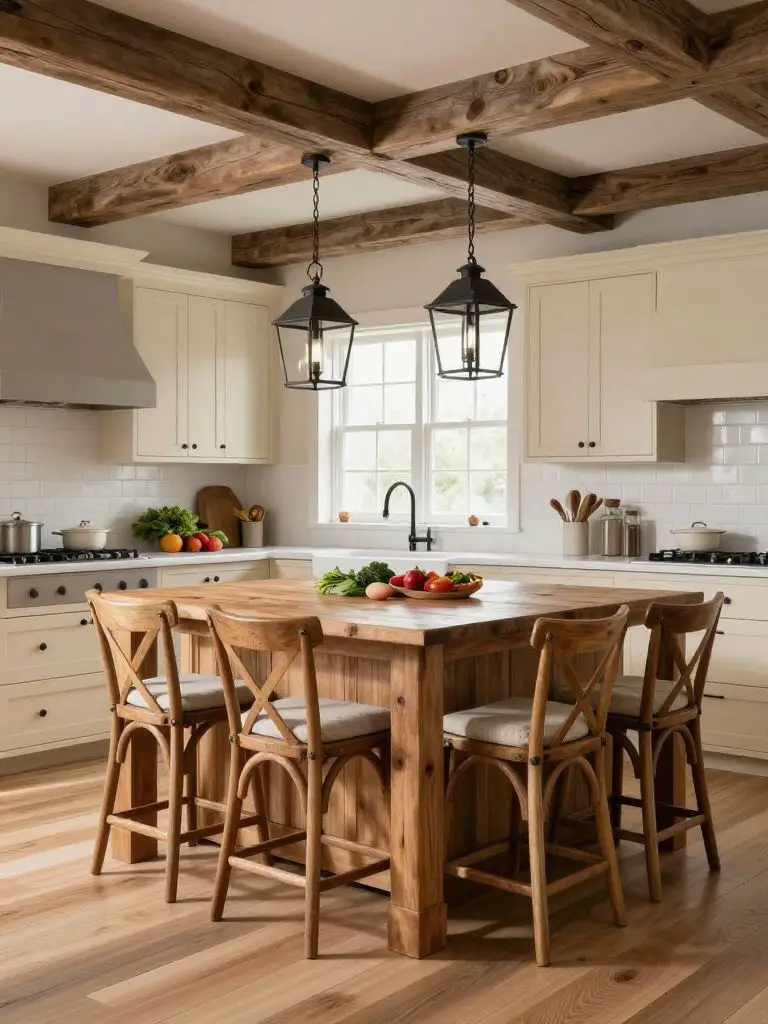 A rustic farmhouse kitchen in Modern Rustic style centered around a reclaimed wood island with visible knots and grain variations as the her.