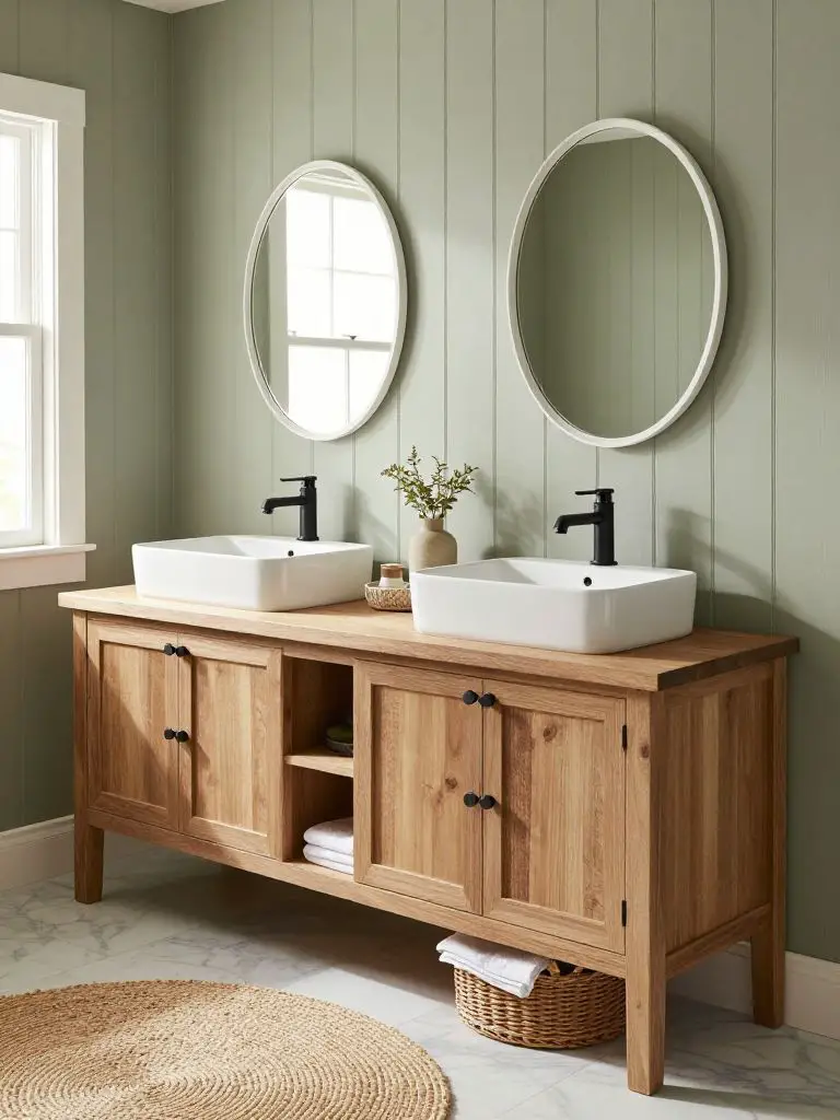 A farmhouse-inspired sage bathroom with vertical beadboard walls painted in muted sage and a rustic solid wood double vanity with visible gr.