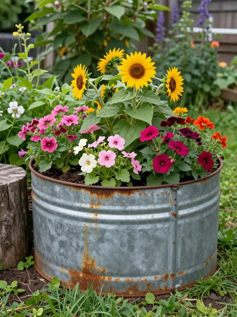 A rustic small garden focal point featuring a galvanized metal raised bed with aged patina, overflowing with vibrant mixed flowers.