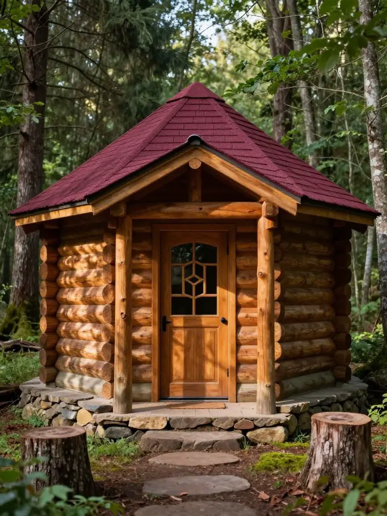 A rustic hexagon log small cabin idea tucked within a dense woodland clearing.