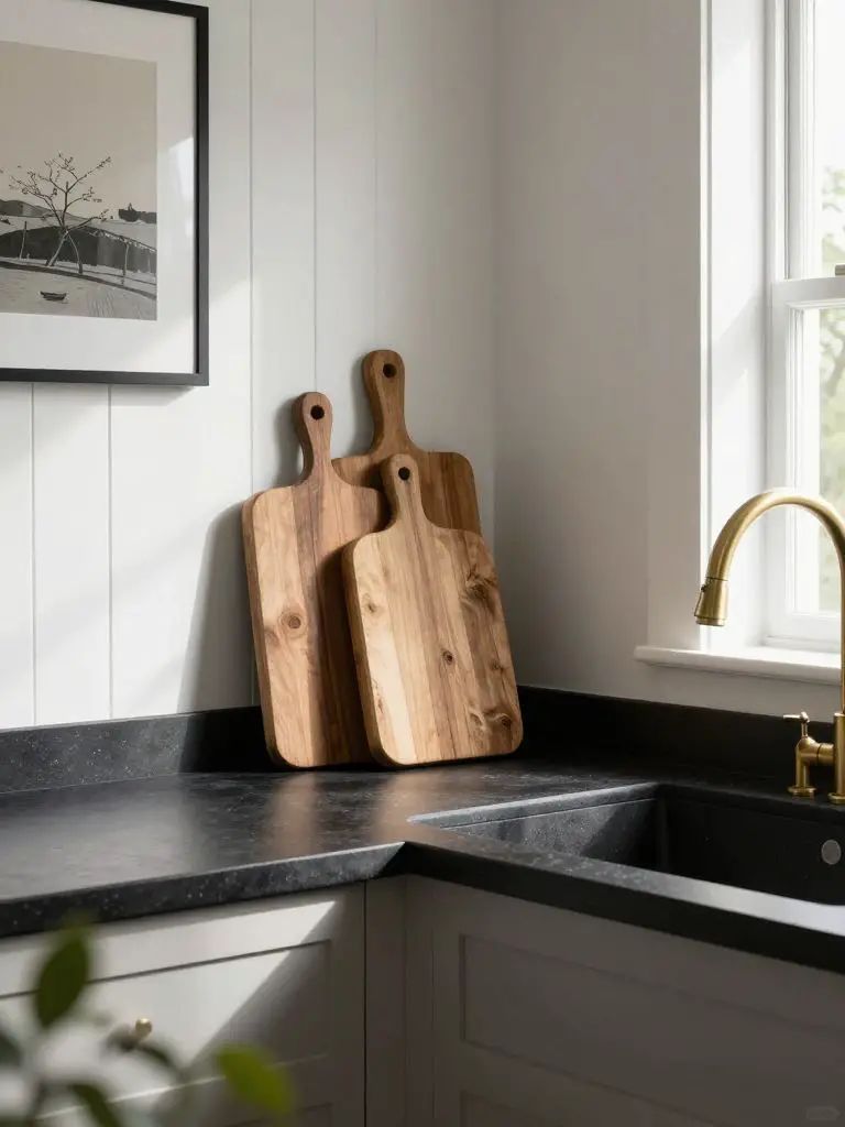 A refined rustic kitchen corner in Modern Rustic style featuring a deep black stone countertop and a polished brass bridge faucet as the her.