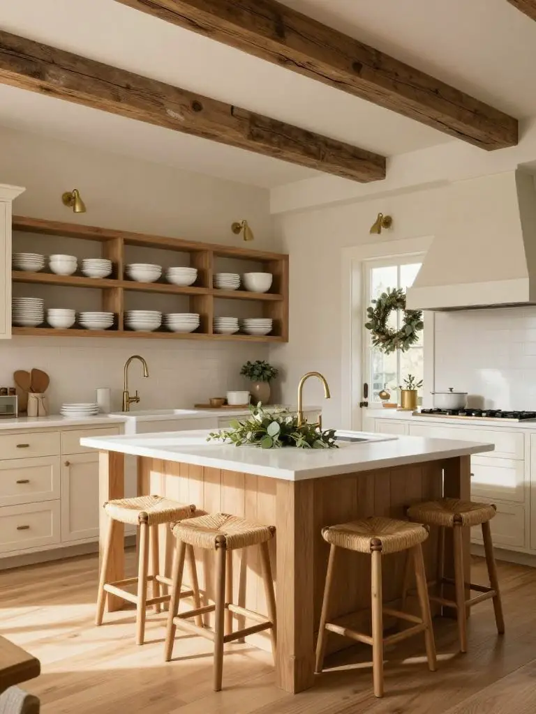 A warm rustic kitchen designed in Modern Farmhouse style featuring open wood shelving filled with neatly stacked white ceramic dishes as the.