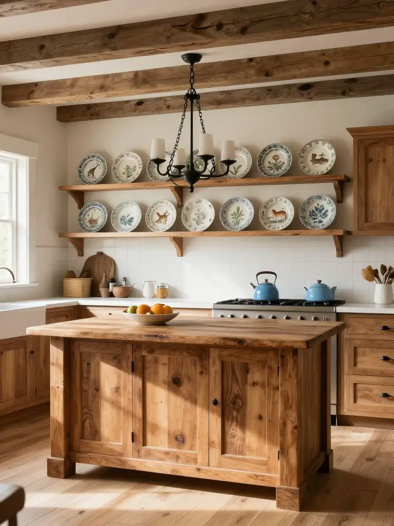 A rustic kitchen in Country Farmhouse style showcasing a plate wall display as the defining focal feature.