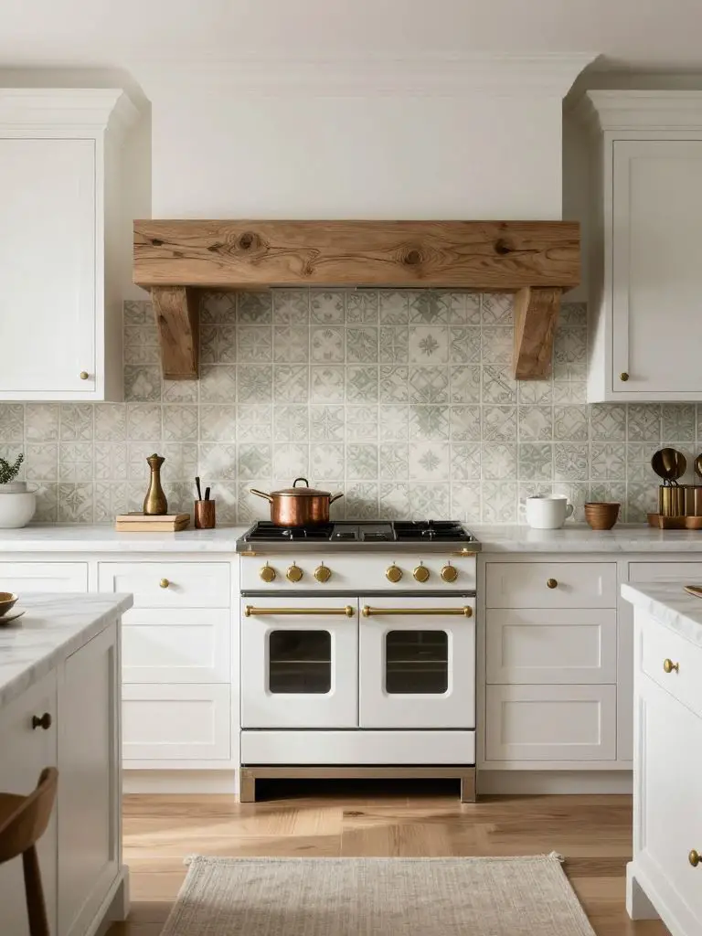 A refined rustic kitchen with a statement patterned tile backsplash in muted sage and ivory tones as the focal point.