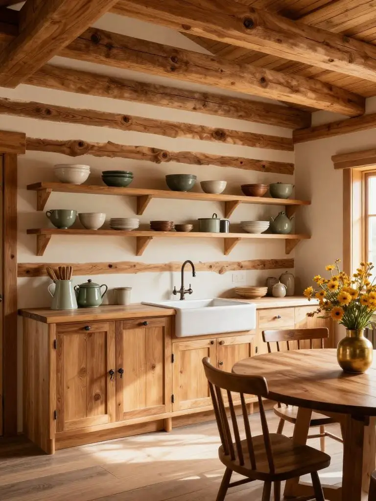 A rustic mountain cabin kitchen with exposed timber beams and horizontal log walls in warm walnut and cream chinking lines.