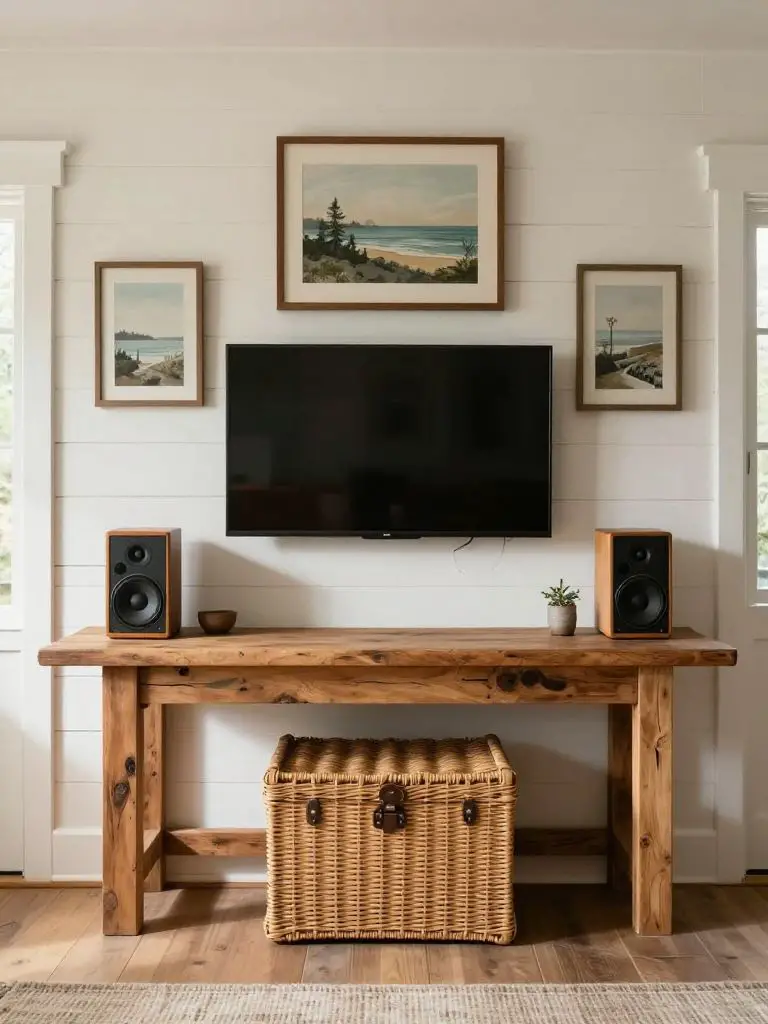 A rustic media console styled with layered cabin decorating ideas, centered against whitewashed horizontal log walls.