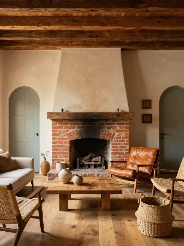 A rustic minimalist living room anchored by an exposed red brick fireplace and rich wood ceiling beams.