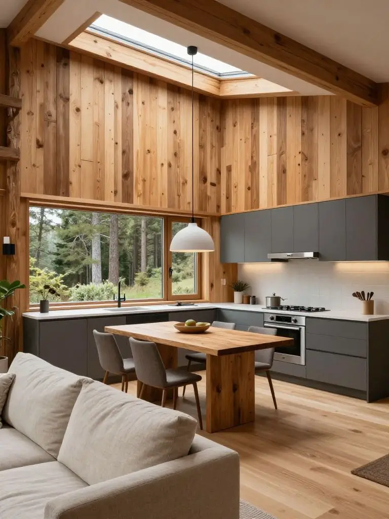 An open-concept mountain cabin kitchen and living space featuring vertical reclaimed wood walls and a skylight above.