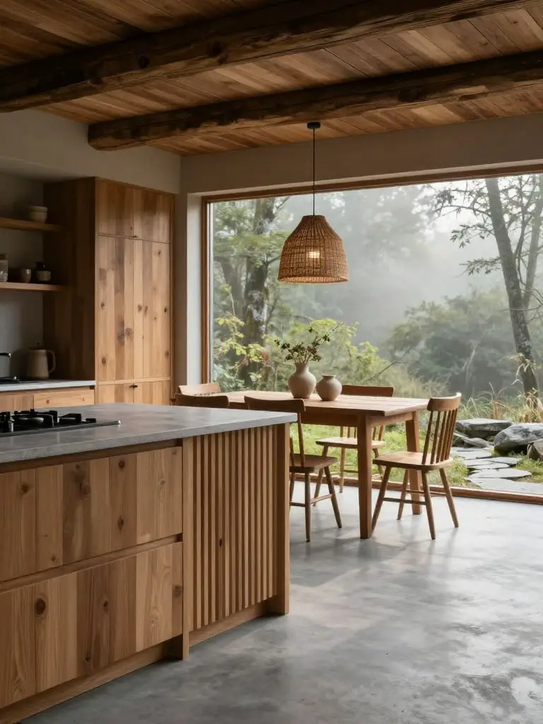 Photograph a rustic modern hideout kitchen, where a foreground of rough-hewn, matte-finished wood cabinetry is juxtaposed with a minimalist.