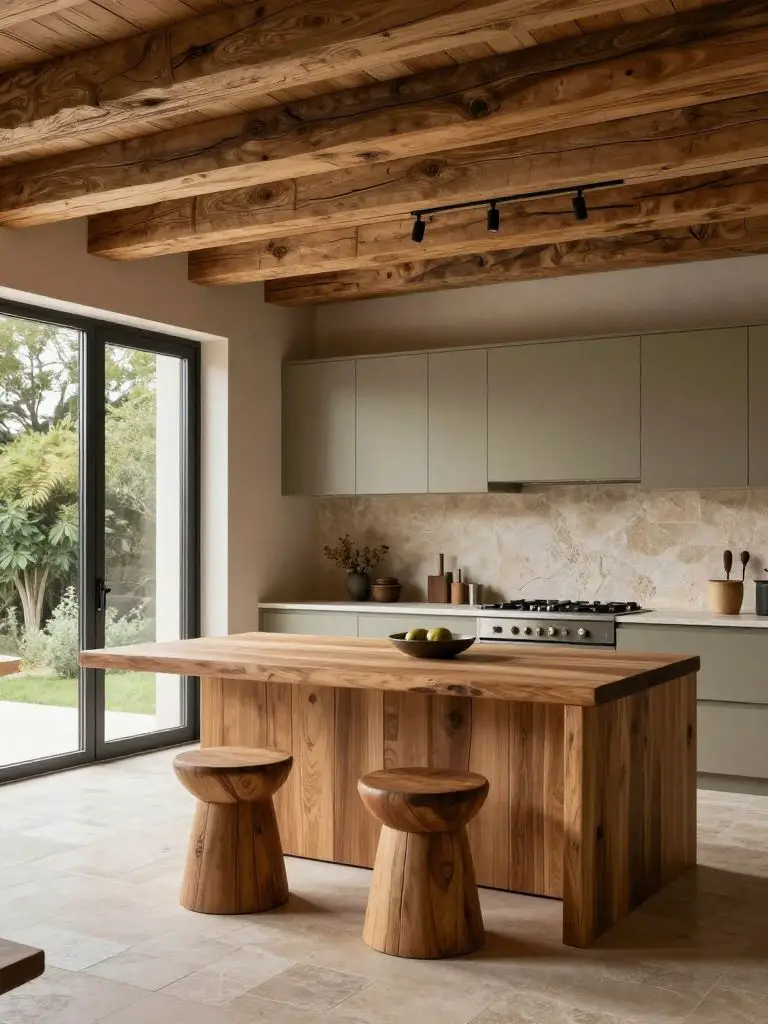 A rustic modern earthy kitchen with exposed timber ceiling beams and expansive sliding glass doors.