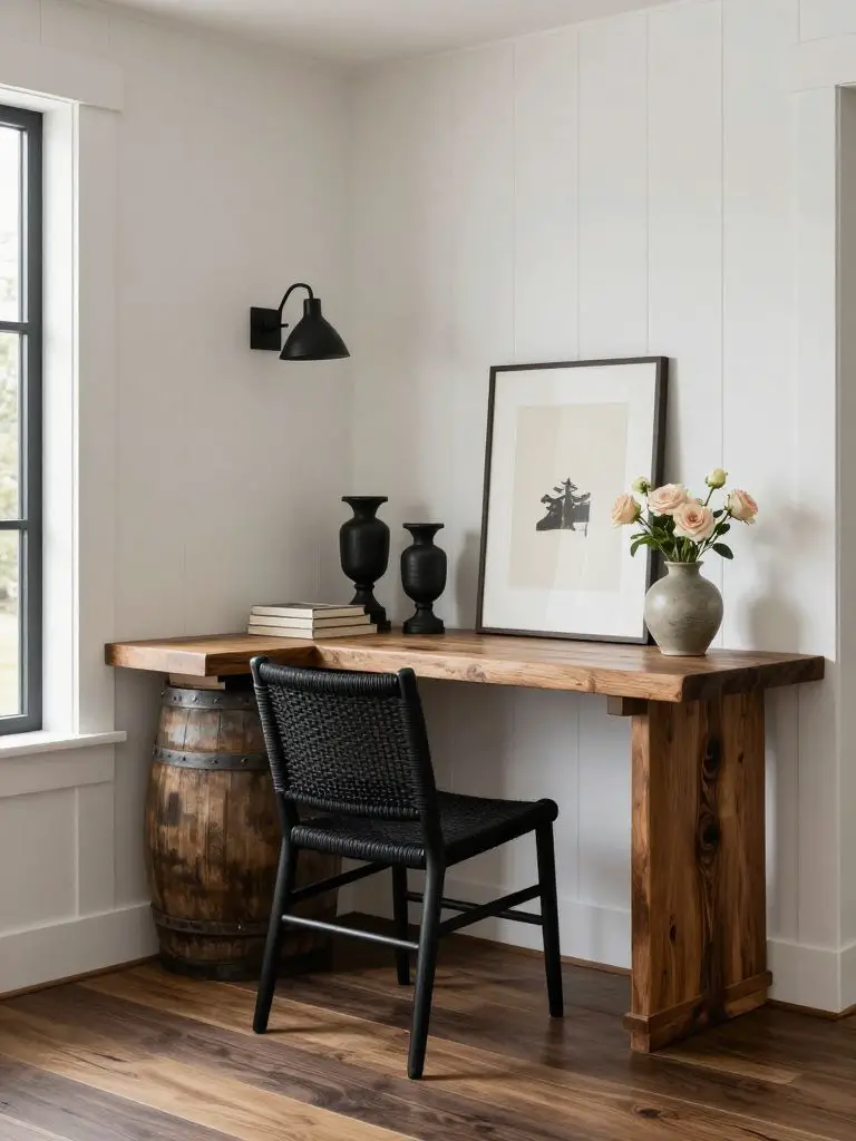 A rustic-modern mountain cottage desk corner styled in Warm Minimalist with heritage accents.