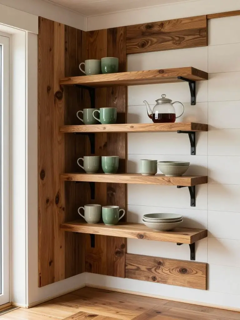 A rustic off grid tiny house kitchen corner featuring floating open shelves mounted on a reclaimed wood plank accent wall in a modern rustic.