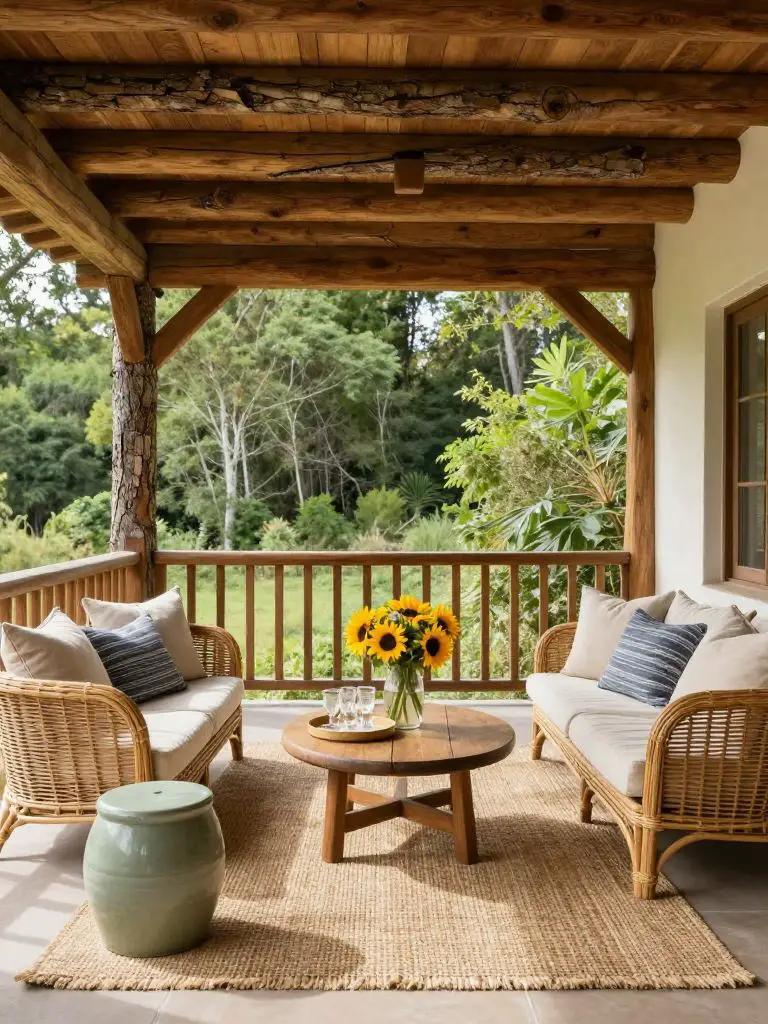 A rustic outdoor covered porch designed in Natural Rustic style with heavy timber beams wrapped in raw bark texture as the architectural foc.