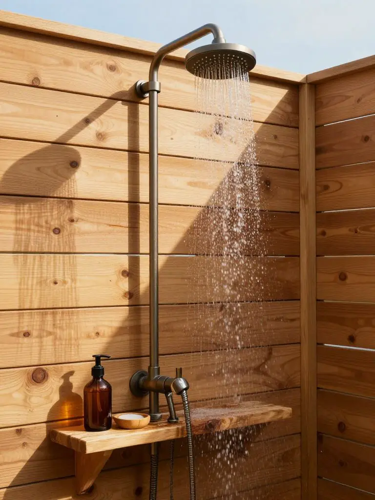 A rustic off grid shower with a round rainfall showerhead mounted to a slim dark metal pipe against horizontal timber fencing.