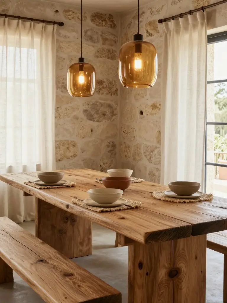 A rustic eco friendly dining space centered around a long reclaimed wood table with visible grain, knots, and weathered edges.