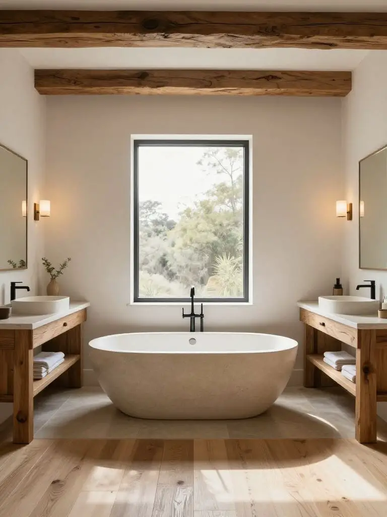 A luxurious modern rustic bathroom centered around a freestanding oval stone bathtub placed symmetrically in front of a large white-framed w.