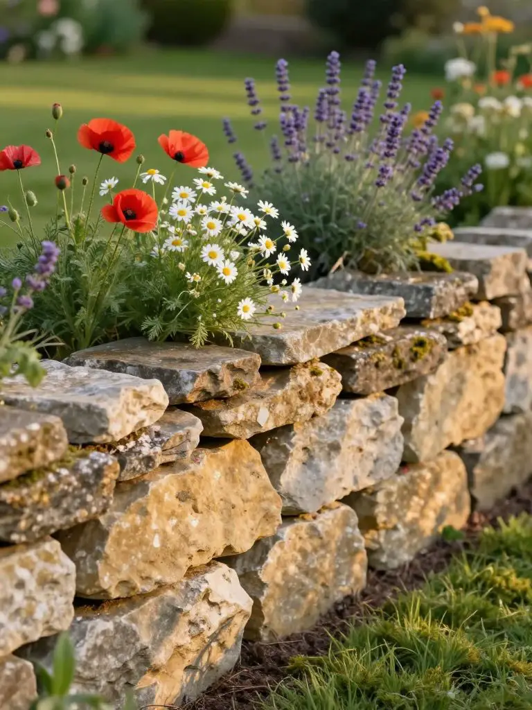 A rustic cottage-style garden wall constructed from stacked natural fieldstone in warm beige, sandstone, and soft gray tones, serving as the.